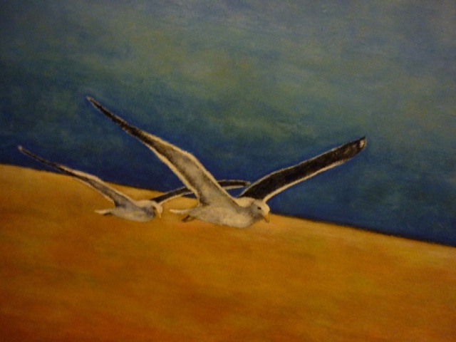 "Volo di gabbiani a Capo Caccia" dipintoad olio di Luisa Lamberti (particolare)